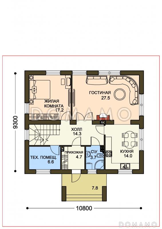 Проект двухцветного коттеджа из SIP с двумя гардеробными и большим крыльцом / План 1 этажа
