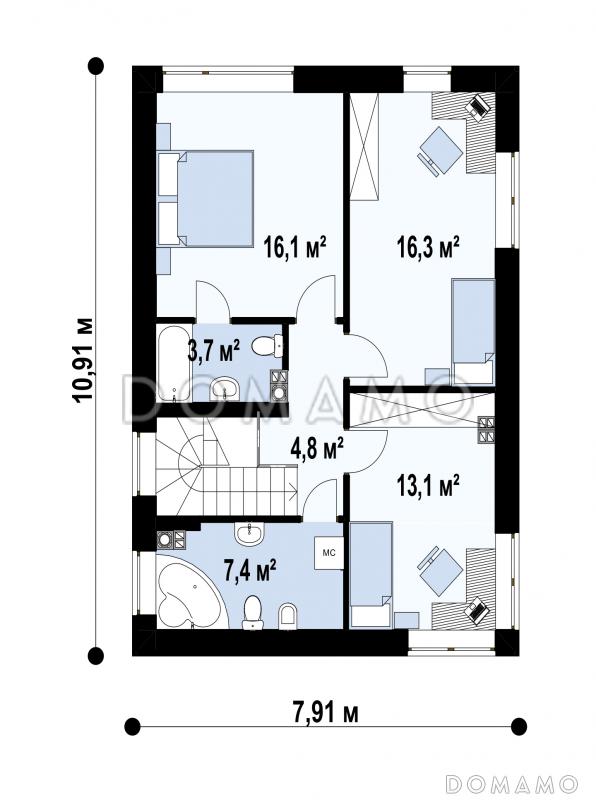 Проект загородного двухэтажного дома с террасой, кладовой, гостиной с камином / План 2 этажа