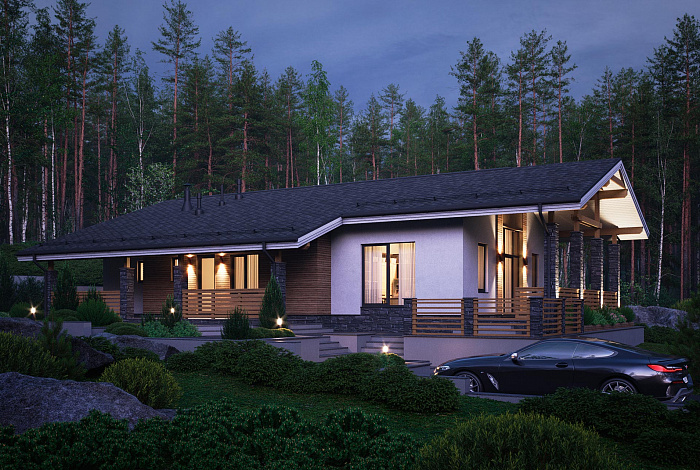 Проект одноэтажного дома с тремя спальнями, двумя крытыми террасами и чердаком