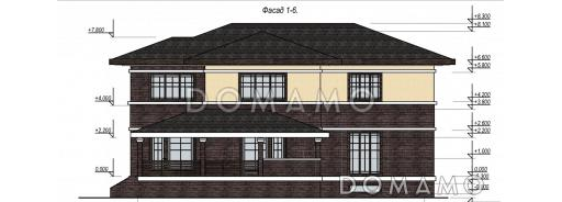 Проект особняка с цокольным этажом, гаражом на две машины, пятью спальнями и террасой с барбекю / Фасад 1