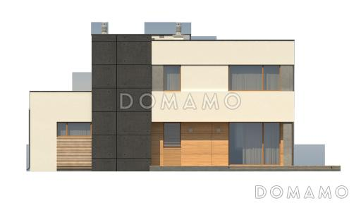 Проект современного двухэтажного дома из кирпича с техническим помещением, гаражом и открытой террасой на втором этаже / Фасад 2