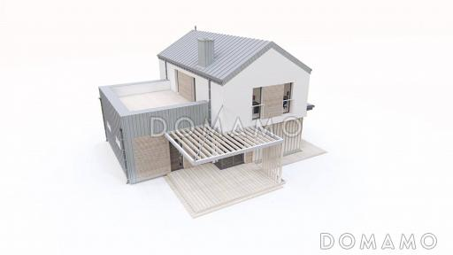 Проект двухэтажного дома с гаражом и террасой над ним, кухней с двумя окнами, кладовой / Фасад 1