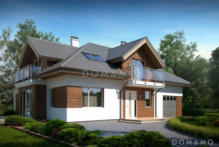 Проект просторного одноэтажного мансардного коттеджа из газобетона с гостевой спальней на первом этаже, кабинетом и гаражом Проект просторного одноэтажного мансардного коттеджа из газобетона с гостевой спальней на первом этаже, кабинетом и гаражом