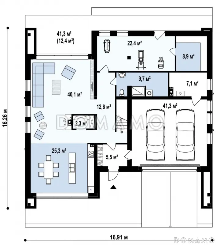 Проект современного двухэтажного дома из газобетона с тремя спальнями, спортзалом, сауной и гаражом для двух автомобилей / План 1 этажа