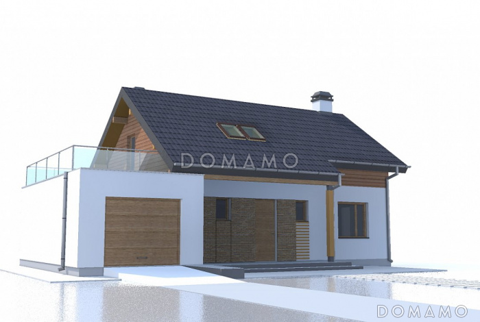 Проект компактного одноэтажного мансардного дома из кирпича с кабинетом, тремя спальнями и открытой террасой над гаражом Проект компактного одноэтажного мансардного дома из кирпича с кабинетом, тремя спальнями и открытой террасой над гаражом