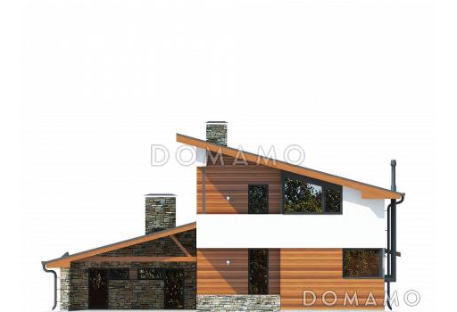 Проект дома с навесом на две машины, крытой террасой, спальней на первом этаже, балконом / Фасад 1