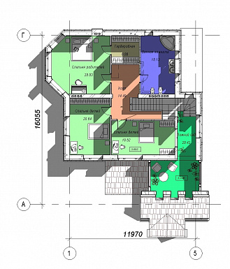 Проект двухэтажного дома с эркером и зимним садом, бильярдной и тренажерным залом на цокольном этаже / План 2 этажа Проект двухэтажного дома с эркером и зимним садом, бильярдной и тренажерным залом на цокольном этаже / План 2 этажа