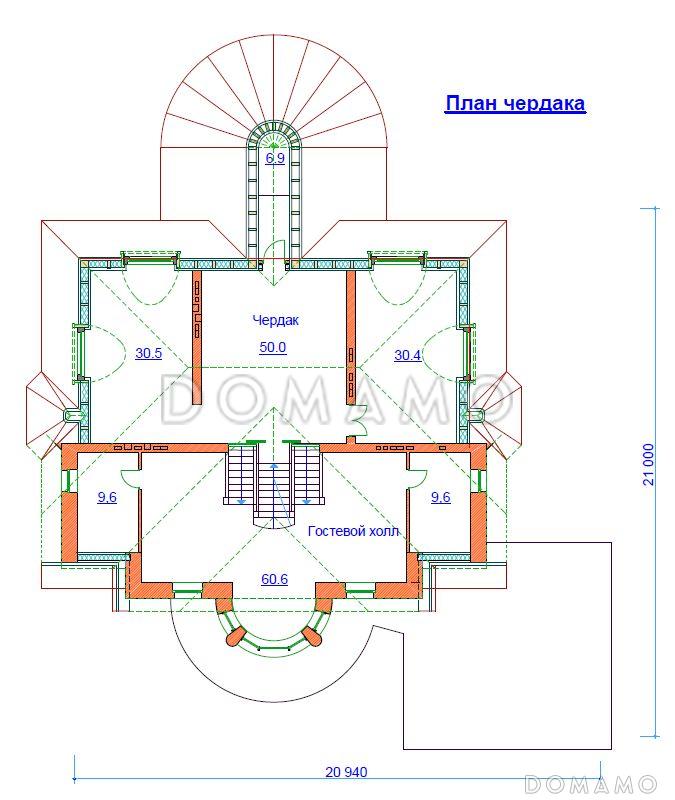 Проект жилого дома с небольшим бассейном на цокольном этаже / План мансардного этажа