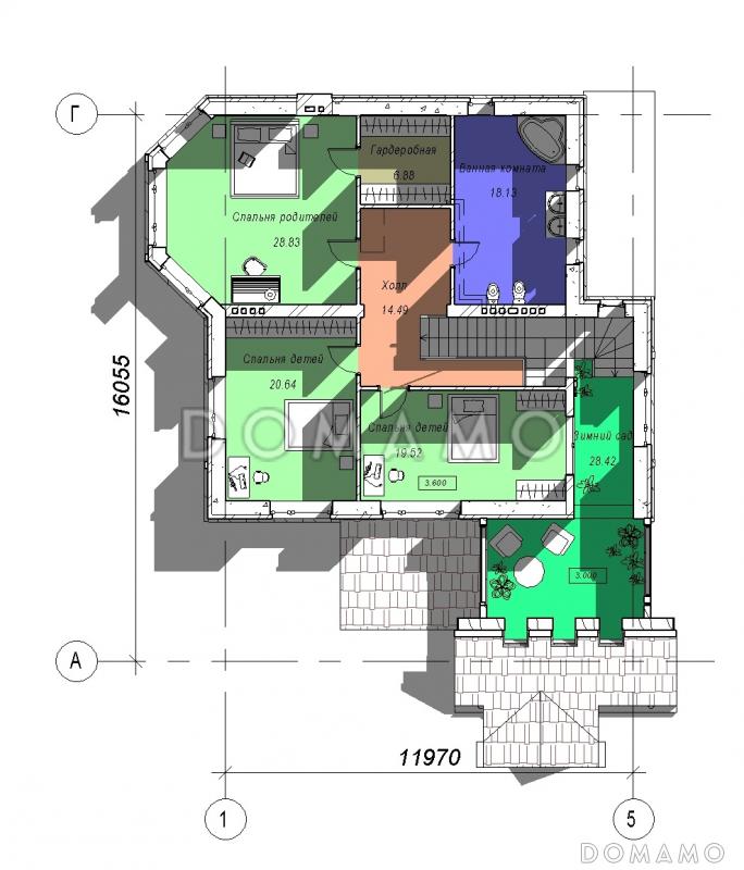 Проект двухэтажного дома с эркером и зимним садом, бильярдной и тренажерным залом на цокольном этаже / План 2 этажа