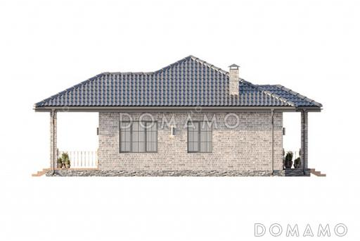 Проект одноэтажного дома с общей вальмовой кровлей над входной группой и террасой и отделкой фасада кирпичом / Фасад 3