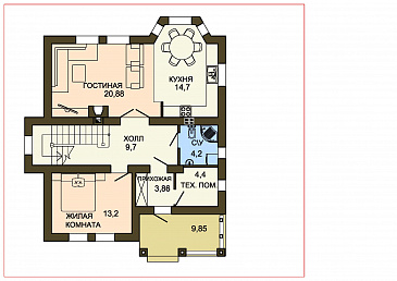 Проект облицованного кирпичом дома с панорамным эркером в кухне / План 1 этажа Проект облицованного кирпичом дома с панорамным эркером в кухне / План 1 этажа