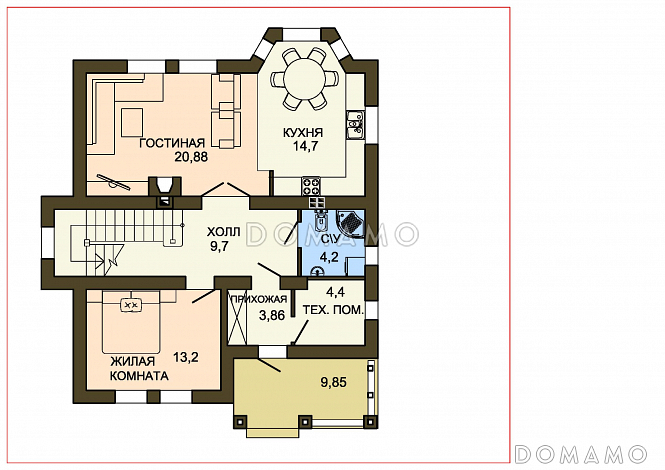 Проект облицованного кирпичом дома с панорамным эркером в кухне / План 1 этажа Проект облицованного кирпичом дома с панорамным эркером в кухне / План 1 этажа