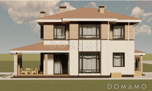 Проект двухэтажного дома из газобетона с двумя каминами на большой террасе и в гостиной / Фасад 4