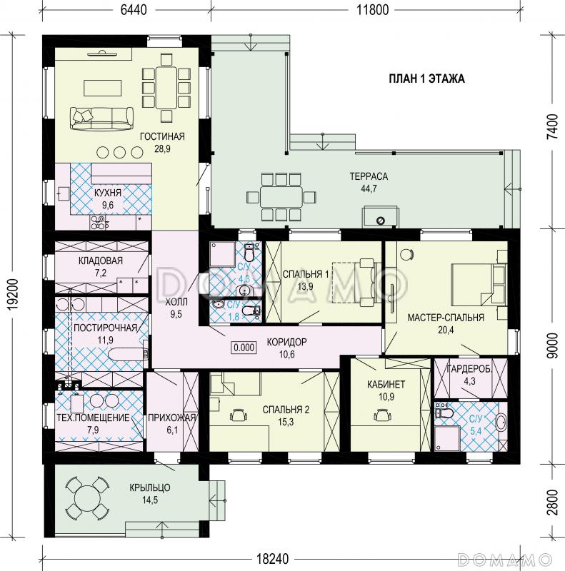 Проект одноэтажного газобетонного дома в стиле хай-тек с плоской кровлей и просторной террасой / План 1 этажа