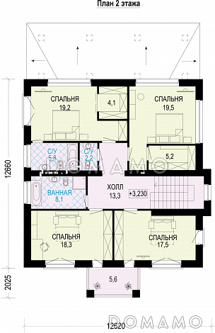 Проект трехэтажного загородного дома из газобетона / План 2 этажа Проект трехэтажного загородного дома из газобетона / План 2 этажа