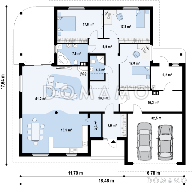 Проект одноэтажного дома из кирпича с тремя спальнями, просторной гостиной и гаражом / План 1 этажа
