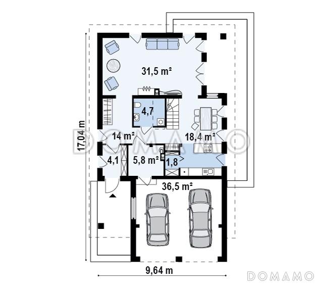 Проект одноэтажного мансардного дома из газобетона с крытой угловой террасой и большой открытой террасой над гаражом / План 1 этажа