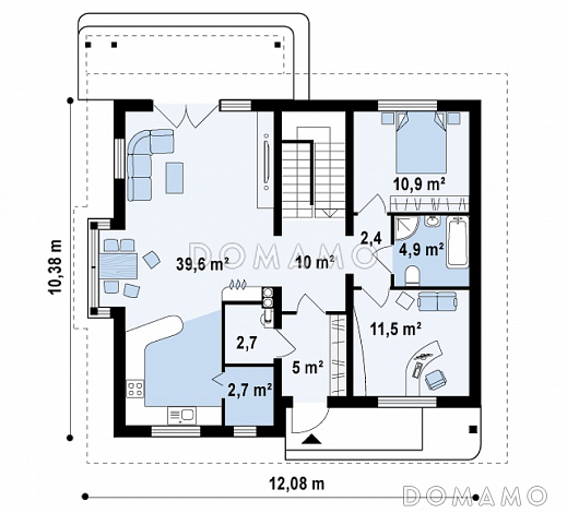 Проект одноэтажного мансардного дома из кирпича с дополнительной ночной зоной на первом этаже / План 1 этажа