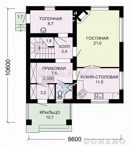 Проект дома с тремя спальными комнатами на мансардном этаже / План 1 этажа