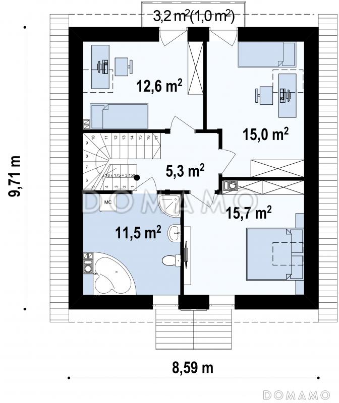 Проект классического мансардного дома из газобетона с кабинетом, с эркером и балконом / План мансардного этажа