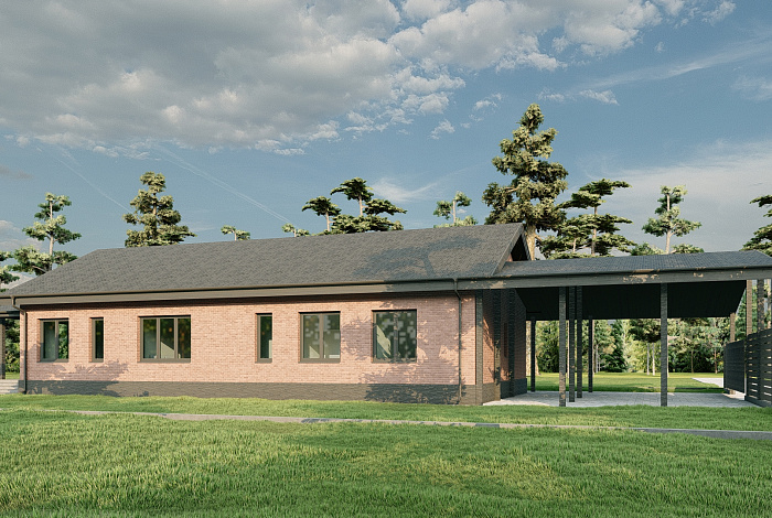 Проект одноэтажного дома с большим навесом для автомобилей, мастер-спальней и широкой террасой