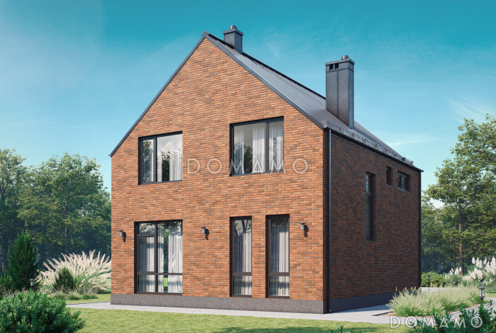 Проект загородного дома с тремя санузлами, гостиной с камином, кладовой у крыльца Проект загородного дома с тремя санузлами, гостиной с камином, кладовой у крыльца