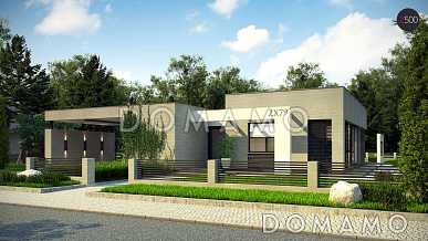 Проект просторного современного одноэтажного дома из газобетона с плоской крышей с четырьмя спальнями, террасой и крытым навесом для двух автомобилей Проект просторного современного одноэтажного дома из газобетона с плоской крышей с четырьмя спальнями, террасой и крытым навесом для двух автомобилей