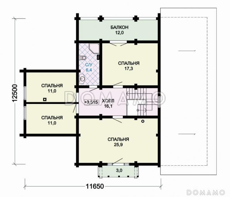 Проект деревянного дома с небольшой парной, просторной террасой и навесом для машины / План мансардного этажа