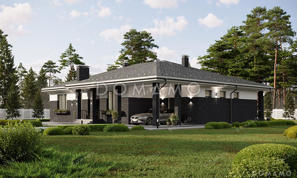 Проект большого одноэтажного дома с пристроенным гаражом, просторной кухней-гостиной, крытой застекленной верандой и навесом перед гаражом / 3