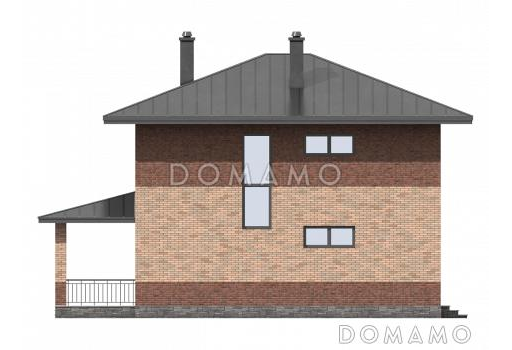Проект загородного дома с террасой, комнатой на первом этаже, кладовой, лоджией / Фасад 2