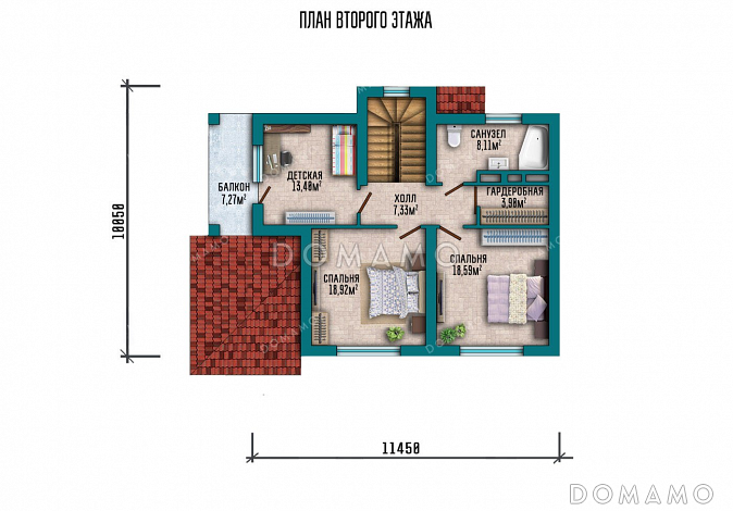 Проект двухэтажного дома с тремя спальнями и верандой / План 2 этажа