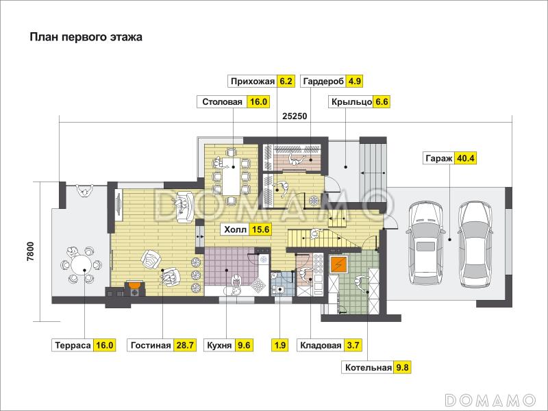 Проект дома с косой крышей, гаражом на две машины, просторной гостиной с камином, хозяйской спальней с камином и балконом, крытой террасой / План 1 этажа