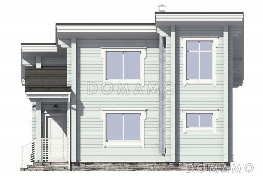 Проект узкого дома с косой крышей, кухней-гостиной, парной, спальней, балконом и вторым светом / Фасад 1