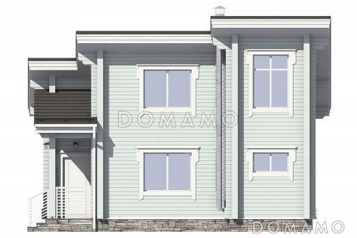 Проект узкого дома с косой крышей, кухней-гостиной, парной, спальней, балконом и вторым светом / Фасад 1