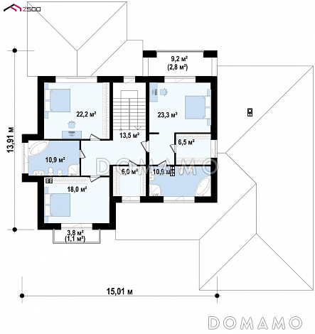 Проект загородного двухэтажного дома с гаражом и навесом, гостиной с эркером, большой прихожей / План 2 этажа