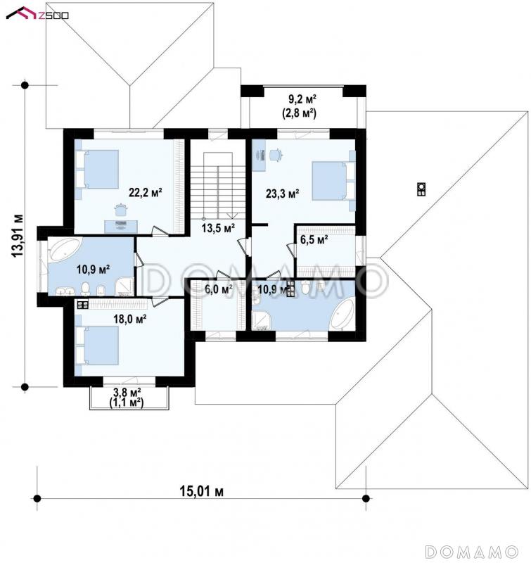 Проект загородного двухэтажного дома с гаражом и навесом, гостиной с эркером, большой прихожей / План 2 этажа