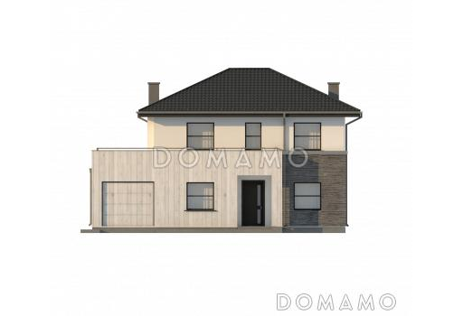 Проект обновлённого двухэтажного дома из газобетона с гаражом и большой террасой на втором этаже / Фасад 1