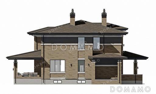 Проект большого двухэтажного дома с подвалом в стиле Райт с комбинированной отделкой и широкой кровлей / Фасад 2