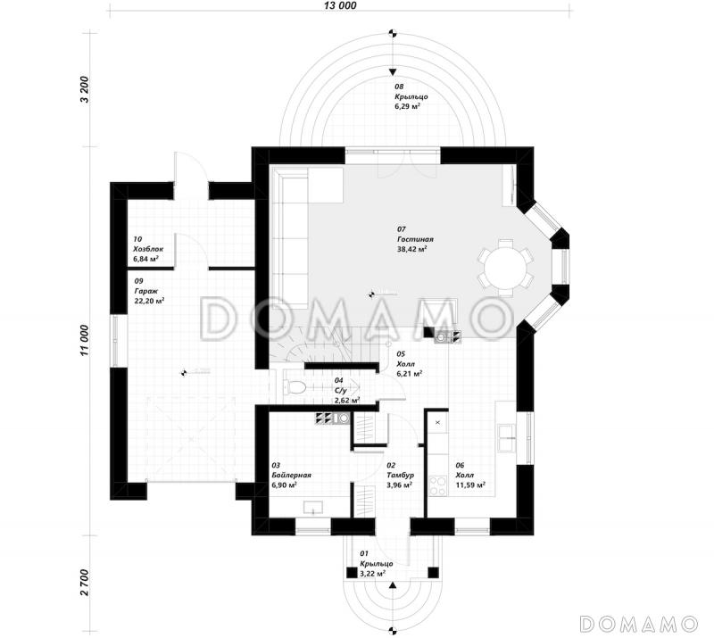 Проект мансардного дома из газобетона с 2 балконами, эркером и гаражом на 1 машину / План 1 этажа