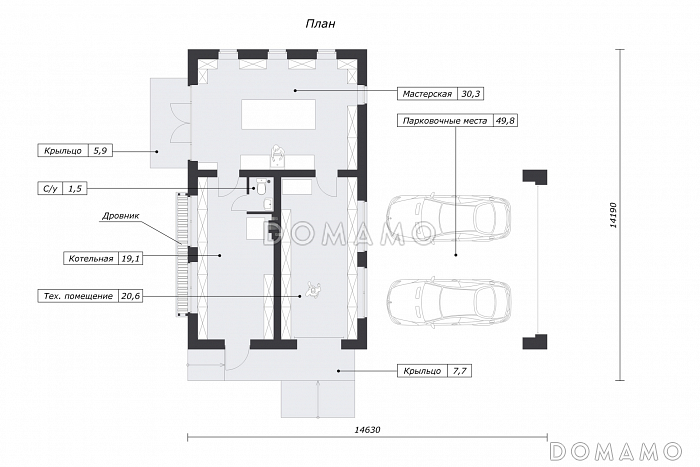 Проект хозблока с мастерской и навесом для двух машин / План