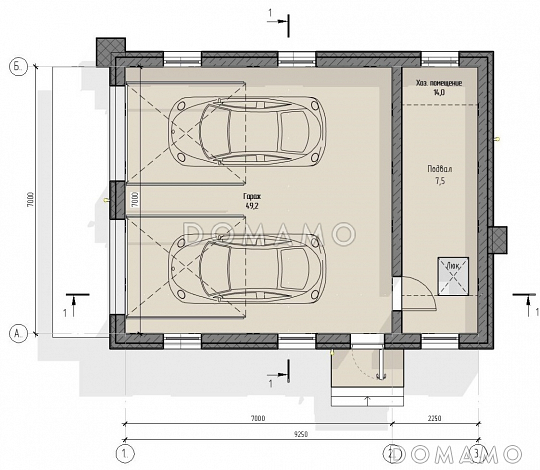Проект современного гаража на 2 автомобиля с подвалом и хозяйственным помещением / План 1 этажа Проект современного гаража на 2 автомобиля с подвалом и хозяйственным помещением / План 1 этажа