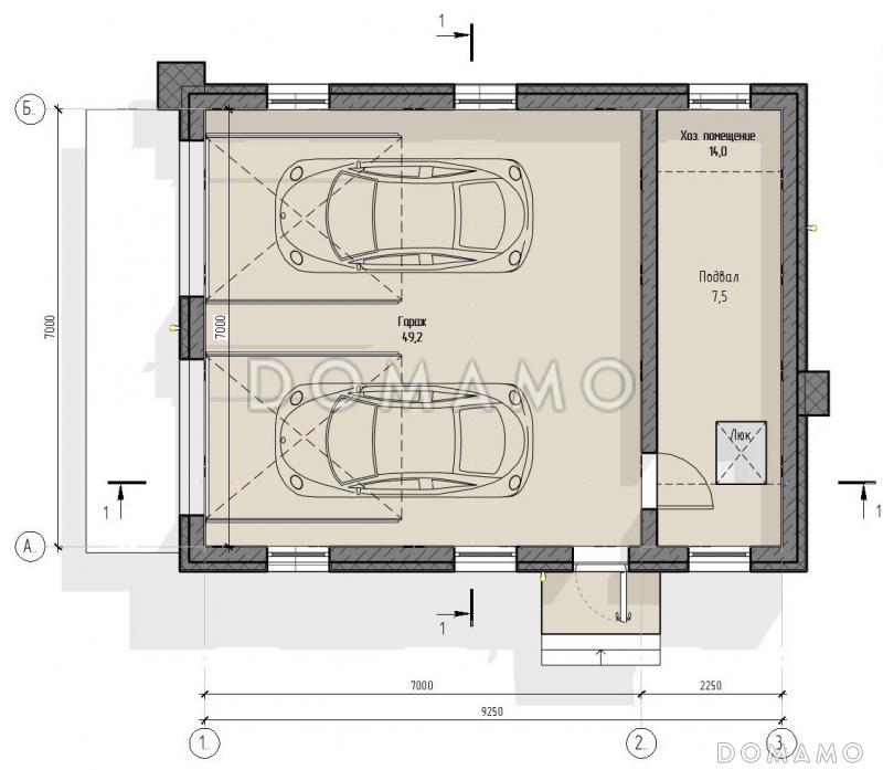 Проект современного гаража на 2 автомобиля с подвалом и хозяйственным помещением / План 1 этажа