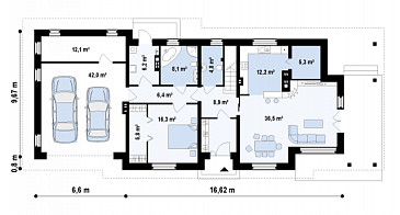 Проект красивого просторного двухэтажного коттеджа из газобетона с крытой террасой и гаражом / План 1 этажа Проект красивого просторного двухэтажного коттеджа из газобетона с крытой террасой и гаражом / План 1 этажа