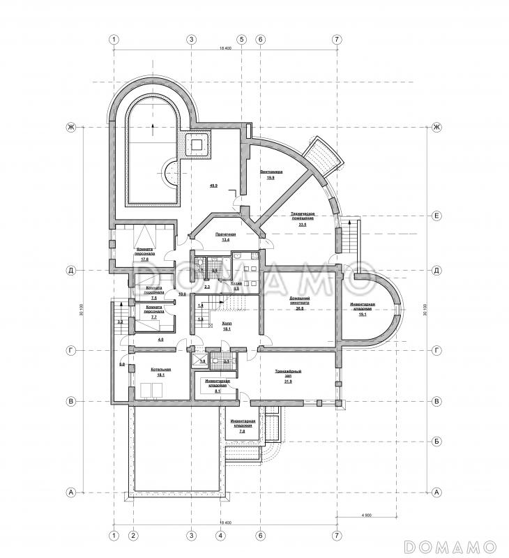 Проект просторного коттеджа в стиле модерн с бассейном и гаражом / План цокольного этажа