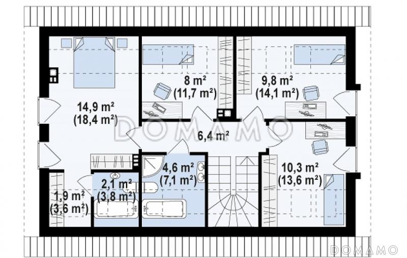 Проект одноэтажного мансардного дома из газобетона с кабинетом, гаражом и четырьмя спальнями  / План мансардного этажа