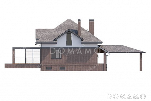 Проект одноэтажного дома с мансардой, большой террасой и навесом на два автомобиля / Фасад 3