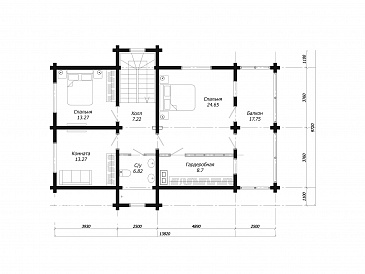 Проект современного дома из клееного бруса с просторным балконом на втором этаже / План мансардного этажа Проект современного дома из клееного бруса с просторным балконом на втором этаже / План мансардного этажа