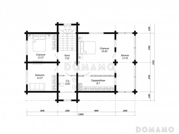 Проект современного дома из клееного бруса с просторным балконом на втором этаже / План мансардного этажа Проект современного дома из клееного бруса с просторным балконом на втором этаже / План мансардного этажа