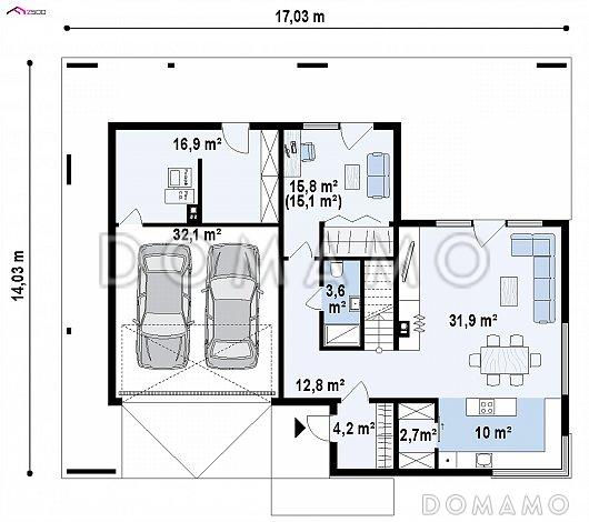 Проект современного двухэтажного дома из кирпича с комбинированной крышей / План 1 этажа