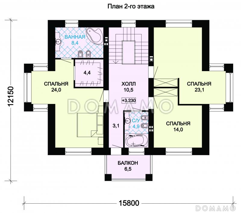 Проект двухэтажного особняка с тремя спальными комнатами и комнатой для гостей / План 2 этажа
